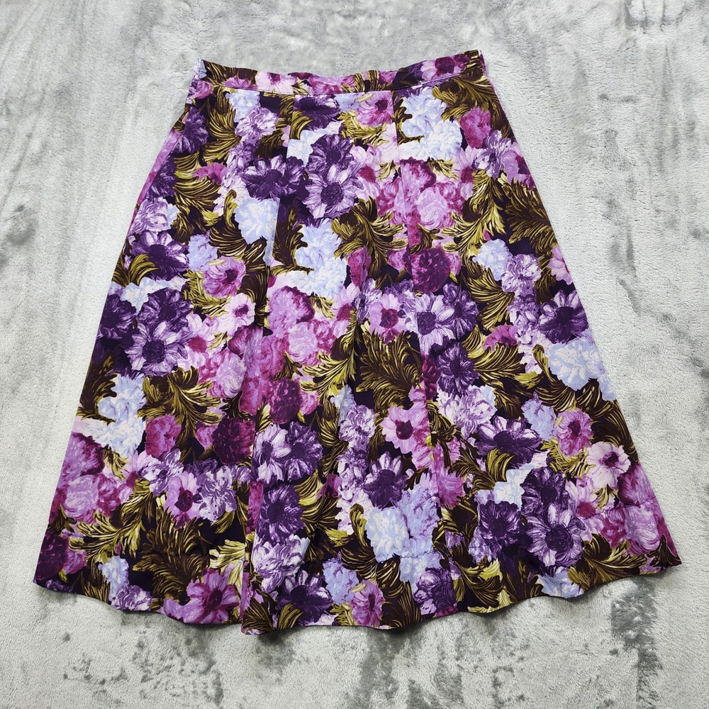 Vintage Southern Lady Skirt‎ Womens M Purple Green Floral Pull On Pleated A-Line
